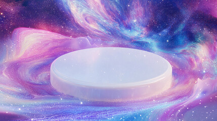 Wall Mural - Abstract cosmic scene with white circular podium in vibrant swirling universe background
