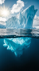 Fototapete - A stunning underwater view of an iceberg with sunlight shining from above, showcasing the natural beauty of polar regions and the contrast between the visible and submerged ice.