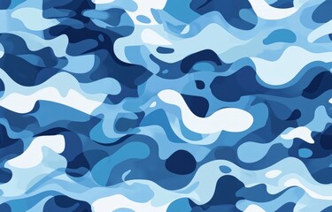 Wall Mural - A seamless pattern of blue camouflage with circular shapes, resembling water ripples or ocean waves, in varying shades of marine blues and whites