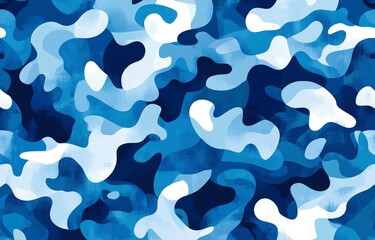 Wall Mural - A seamless pattern of blue camouflage with circular shapes, resembling water ripples or ocean waves, in varying shades of marine blues and whites