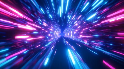 Wall Mural - abstract flight in retro neon hyper warp space in the tunnel 3d illustration. abstract blue backgrou