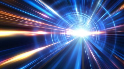 Wall Mural - abstract flight in retro neon hyper warp space in the tunnel 3d illustration. abstract blue backgrou