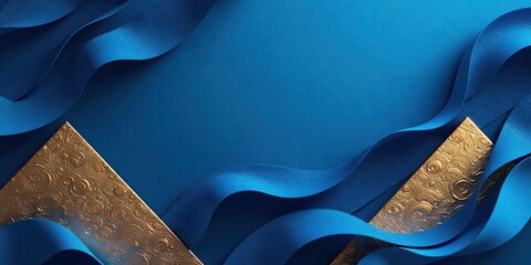 Poster - Abstract Blue and Gold Swirling Ribbon Design with Textured Surface