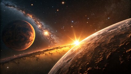Wall Mural - Sunrise over planet with galaxy in deep space