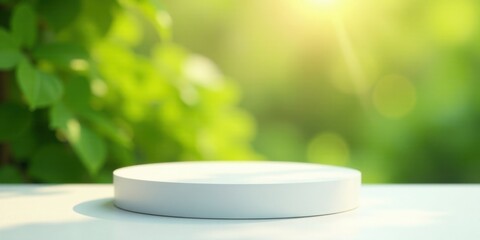 Poster - White Circular Pedestal Against a Blurred Green Natural Background Ideal for Product Display or Presentation