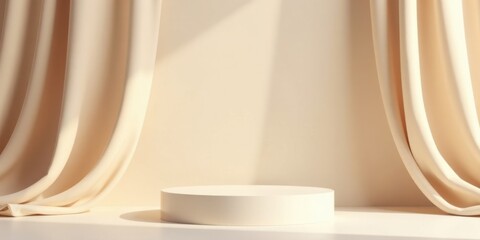 Poster - Elegant Cream-Colored Draped Fabric Backdrop with Circular Display Platform