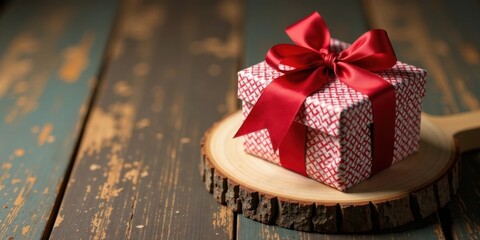 Aufkleber - A small gift box with a red ribbon sits on a rustic wooden slice