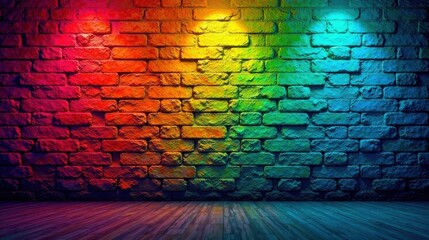 Poster - Vibrant Brick Wall Background with Colorful Lighting and Wooden Floor