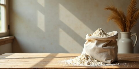 Aufkleber - A burlap sack of baking flour sits on a rustic wooden table, bathed in sunlight