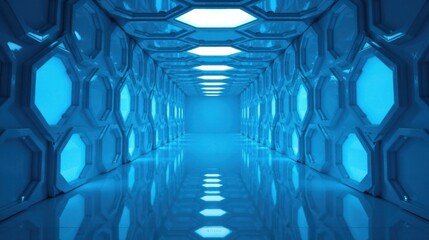 Aufkleber - Futuristic Corridor with Illuminated Hexagonal Panels and Reflective Floor