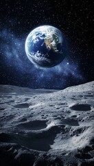 Wall Mural - stunning view of earth rising over the moon s surface against the vastness of deep space