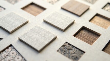 Poster - Close-up view of square textured samples arranged in a grid pattern showcasing various materials and surface finishes
