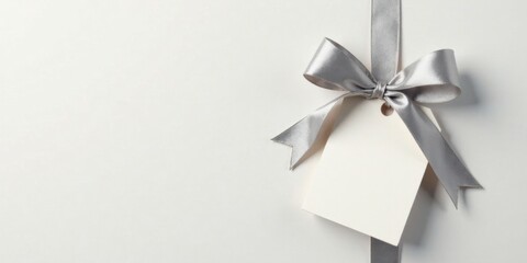 Poster - Elegant Silver Ribbon Bow and Blank Tag on Light Background
