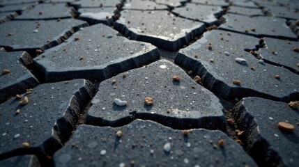 Aufkleber - Close-up view of dark grey cracked paving stones with small debris scattered across the surface