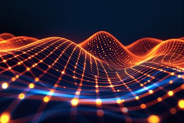 Wall Mural - abstract glowing grid waves with orange and blue light on dark background.