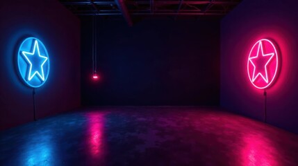Poster - Neon star signs illuminate a dark room's polished floor, casting vibrant reflections.