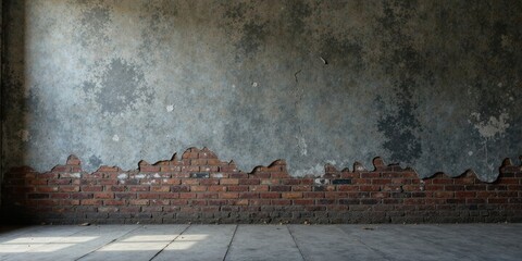 Aufkleber - Rustic interior scene with distressed plaster wall revealing aged brickwork below and a worn concrete floor