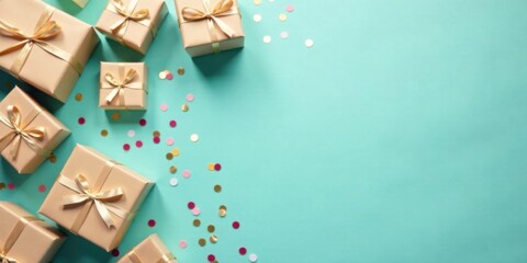 Aufkleber - Elegant beige gift boxes with gold ribbon bows and colorful confetti on a teal background