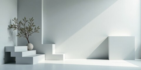 Leinwandbilder - Minimalist white room interior design with plant on steps