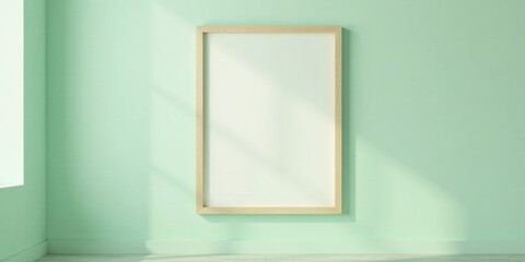 Poster - Blank canvas in a light green room with natural light illuminating a simple wooden frame