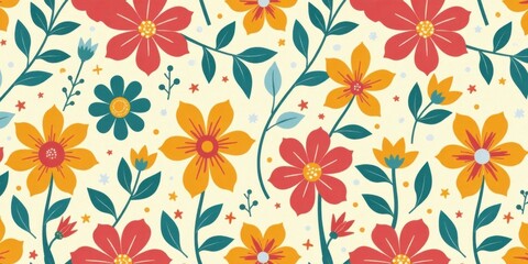 Poster - Vibrant Floral Pattern Featuring a Retro Style Design with Various Flower Types and Star Shapes on a Cream Background