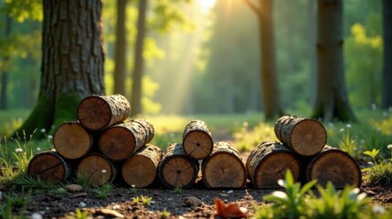 Aufkleber - Serene woodland scene featuring neatly stacked logs bathed in the golden light of sunrise or sunset.