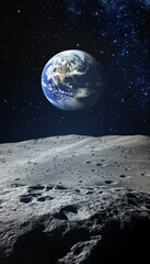 breathtaking view of earth rising above the lunar landscape with deep space showcasing the universe