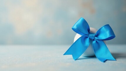 Aufkleber - A pristine white sphere adorned with a vibrant blue satin ribbon, tied in a classic bow, rests gently on a pale blue surface, creating a serene and elegant visual