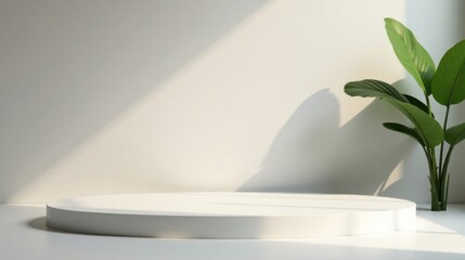 Leinwandbilder - Minimalist Product Display Oval Platform with Sunlight and Lush Green Foliage