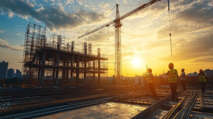 Wall Mural - construction site with cranes, scaffolding, and half-built structures, workers in the background wea