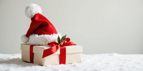 Aufkleber - A festive cream gift box adorned with a vibrant red ribbon and a sprig of holly, topped with a cheerful Santa hat resting on a snowy surface.