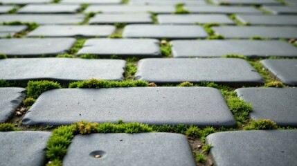 Fototapete - Close-up view of a textured paving stone surface with vibrant green moss growing between the stones