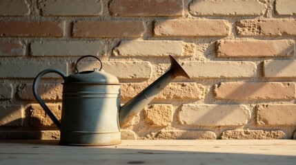 Leinwandbilder - Rustic Watering Can Against a Warm Brick Wall in Soft Sunlight, Evoking a Sense of Tranquility and Rustic Charm