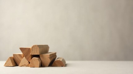 Aufkleber - A collection of various shaped, light brown wooden pieces arranged on a neutral surface against a muted background.
