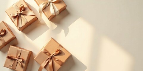 Aufkleber - Elegant Gold Gift Boxes with Satin Ribbons on a Soft Beige Background Featuring Sunlit Shadows