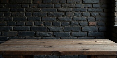 Poster - Rustic Wooden Tabletop Against a Dark Brick Wall Background, Perfect for Product Displays or Mockups