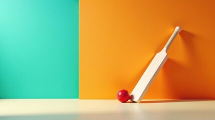 Aufkleber - A cricket bat and ball rest against a vibrant teal and orange backdrop, a minimalist sports composition