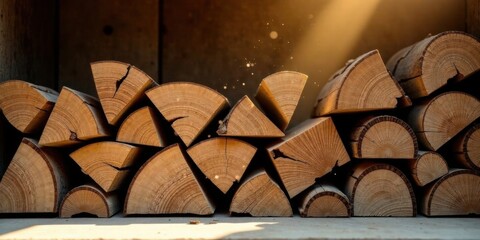 Aufkleber - A Stack of Cut and Split Firewood Logs Basking in Golden Sunlight, Displaying the Natural Wood Grain and Texture