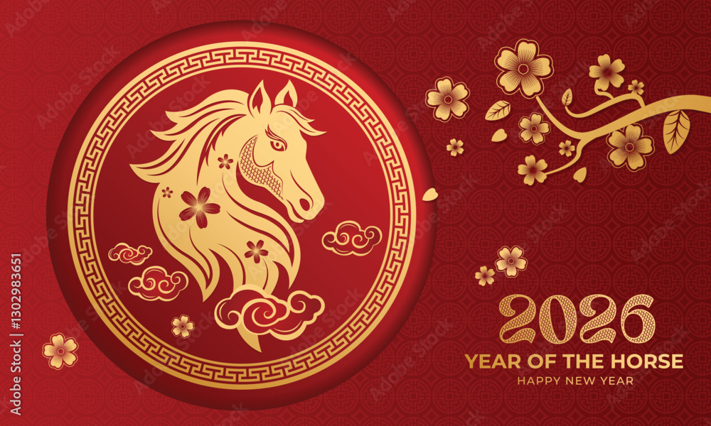 Happy chinese new year of the Horse 2026 festive banner with gold horse ...