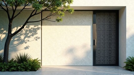 Poster - Modern minimalist home exterior design featuring a textured wall, lush landscaping, and a sleek black entry door with a geometric pattern.