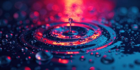 Aufkleber - A Vibrant Symphony of Water Droplets Creating a Mesmerizing Rippling Effect Underneath a Dramatic Red and Blue Light