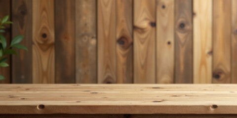 Poster - Rustic Wooden Tabletop Display with a Soft Focus Background of Vertical Planks Ideal for Product Placement and Mockups
