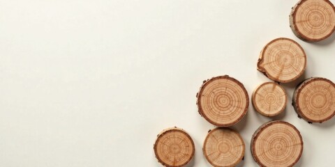 Poster - Wooden Cross-Sections Arranged on a Light Background, Ideal for Nature-Inspired Designs and Rustic Textures