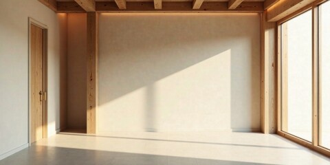 Aufkleber - Empty Room with Wooden Beams, Sunlight Streaming Through Large Window, and Light Beige Walls