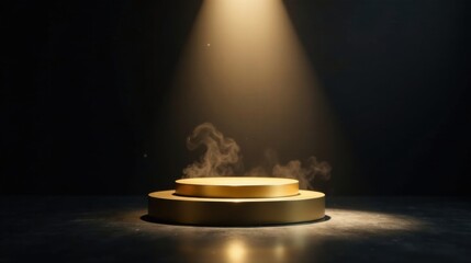Leinwandbilder - Illuminated Golden Platform with Subtle Smoke Effect, Ideal for Product Showcases or Award Presentations