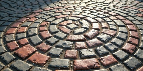 Fototapete - Cobblestone Pathway Design A Circular Arrangement of Red and Gray Stones Creating an Intricate Pattern on the Ground