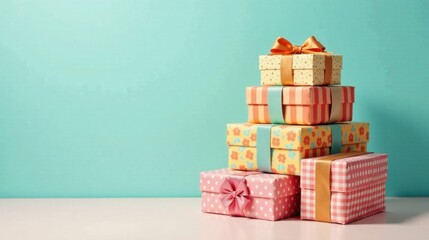 Aufkleber - A stack of festively wrapped presents with pastel ribbons and charming patterns sits on a pale surface against a light teal background.