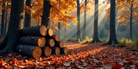 Poster - Serene autumn forest scene featuring a stack of neatly arranged logs bathed in the golden sunlight filtering through the vibrant foliage