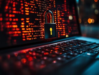 Leinwandbilder - Laptop with a padlock symbolizing data security, strong password and firewall system to protect against hacking, ensuring safe online access and secure information flow