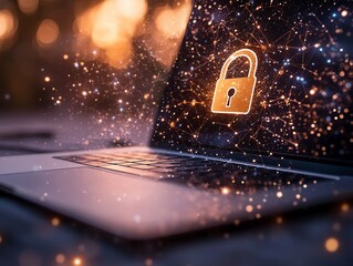 Fototapete - Laptop with a padlock symbolizing data security, strong password and firewall system to protect against hacking, ensuring safe online access and secure information flow